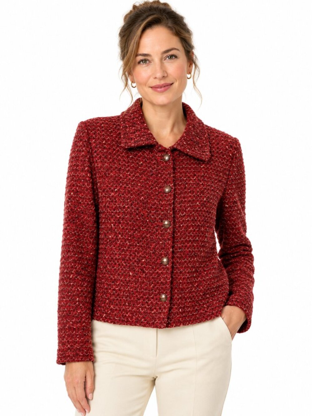 St. John Collection Claret Classic Knit Tweed Boucle Jacket Red Purple Size XL